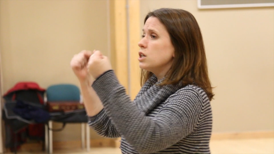 Photo of Liz in action, taking a rehearsal in 2017